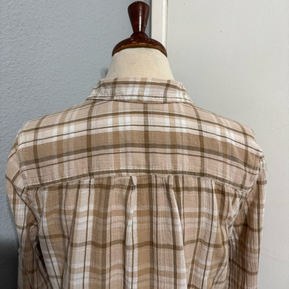 St. John's Bay Women Beige Plaid Collared 3/4 Sleeve Button Down Shirt Shirt L - Picture 7 of 13